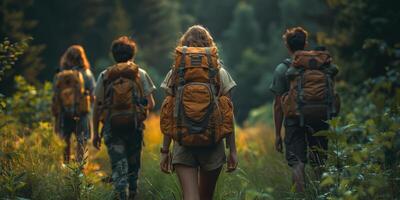 A diverse group of hikers is trekking through a challenging forest trail, carrying backpacks photo