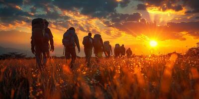 As the sun sets, a military unit is strolling across a meadow photo