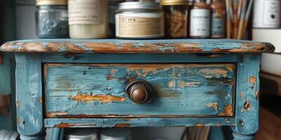The blue table has a drawer and paint jars sitting on top photo