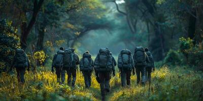 A group of people carrying backpacks is hiking through a wooded area photo