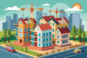 An illustrated cityscape with multiple buildings, including new constructions with cranes. The scene features a sunny day, and there are cars driving on the street. vector