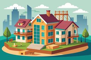 A digital illustration shows three houses on green land. The tallest has a red roof and large windows, while the others have brown roofs. Cityscape in background suggests busy urban area. vector