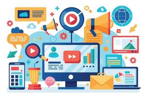 A colorful illustration featuring a computer screen showing content, social media icons, and other digital marketing elements. vector