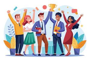 A diverse group of four business professionals, two men and two women, stand together celebrating success. They are holding a trophy and surrounded by confetti. vector
