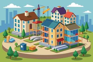 An isometric illustration shows a suburban neighborhood in progress. It includes houses at different stages, a crane, and landscaping. vector
