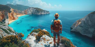 A man wearing a backpack is standing on a cliff overlooking the ocean photo