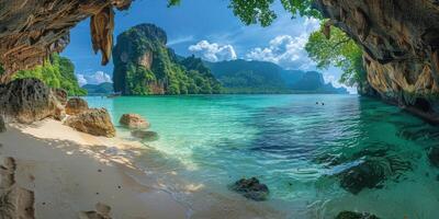 A picturesque ocean view seen from a cave entrance photo