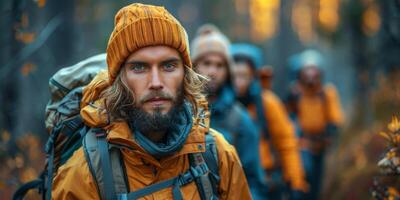 A bearded man with a backpack stands in line with others photo