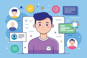 This illustration shows a smiling man with a digital profile, surrounded by icons that represent various aspects of social media, such as email, notifications, and connection requests. vector