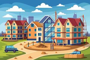 Illustration of suburban neighborhood with houses in different stages of construction - some completed, some still in progress. vector