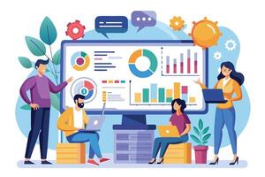 Four business professionals analyze data on laptops and a large monitor, collaborating and discussing insights from graphs and charts. vector