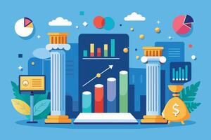 A colorful, modern illustration depicting business growth with stylized columns, financial charts, and a money bag. vector
