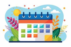 A colorful illustration of a calendar with a bright sun shining in the background and leaves on either side. vector