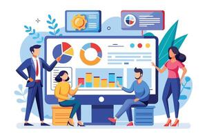 Four diverse business people gathered around a large computer screen, analyzing charts and graphs, discussing data and insights. vector
