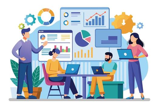 A team of four people are gathered around a table, reviewing data and charts on laptops and a whiteboard. vector