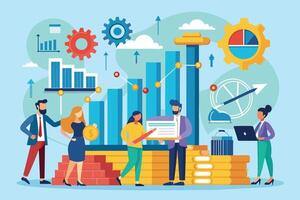 Cartoon of diverse business professionals collaborating on growth surrounded by charts and gears symbolizing effort. Scene radiates optimism. vector