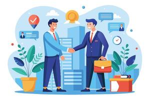Illustration of two businessmen shaking hands in front of modern office buildings. vector