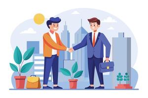 Two men in suits shake hands, smiling, in front of a cityscape. They are standing in a park with potted plants. vector