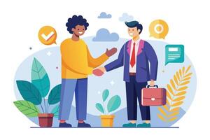 Two business partners, one in a suit and tie and the other in a yellow sweater, shake hands in a modern, colorful illustration to seal a deal. vector