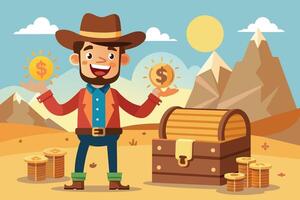 A cartoon cowboy stands in a desert landscape, holding two gold coins with dollar signs on them. There is a wooden treasure chest beside him, with gold coins stacked around it. vector