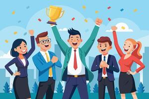 A diverse team of happy business professionals celebrates their success with a trophy in a city park. They are all smiling and cheering, with confetti falling around them. vector