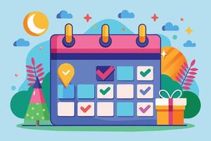 A colorful illustration of a calendar with checkmarks and a gift box. The calendar has a pink header and a blue body, and it is surrounded by clouds and a festive tree. vector