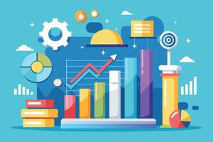 A Colorful Bar Chart Illustration Depicting Data Points With an Upward Growth Arrow on a Blue Background. vector