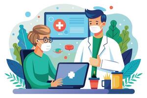 A doctor, wearing a mask, stands behind a patient who is sitting at a desk using a laptop. vector