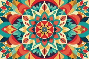 A vibrant, colorful abstract design featuring a floral mandala with intricate details and a symmetrical pattern. vector