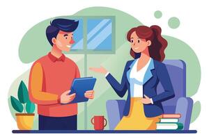 A man is standing and holding a tablet, talking to a woman who is sitting in a chair. They are both smiling and appear to be having a pleasant conversation. vector