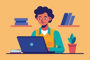 A young man with curly black hair sits at a desk in his home office, working on a laptop. Bookshelves with books are on either side of the desk, and a small plant sits on the desk. vector