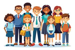 Diverse children in school uniforms, both male and female, stand together in a row, smiling. They are friends and classmates, showcasing inclusivity. vector