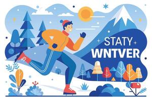 A man in a winter outfit ice skates across a snowy landscape with pine trees and a mountain in the background. The sun shines brightly above. vector