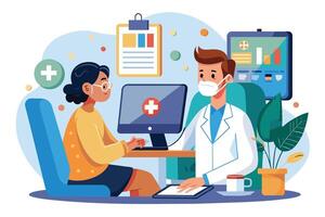 A cartoon illustration depicts a doctor wearing a face mask sitting across from a patient. They are looking at a computer screen together, discussing medical information. vector