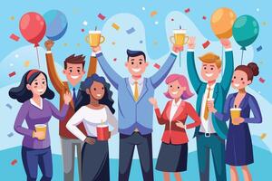 A diverse group of six colleagues celebrate a successful project, holding trophies, balloons, and drinks in a cheerful office setting. vector