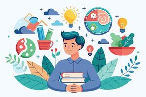 A smiling student holds a stack of books, surrounded by symbols of learning, creativity, and well-being, including lightbulbs, a balanced meal, and plants. vector