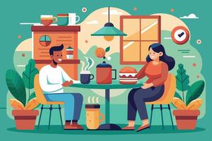 A man and a woman enjoy a coffee and burger date at a cafe. They are sitting at a table with their drinks and food, smiling and enjoying each others company. vector