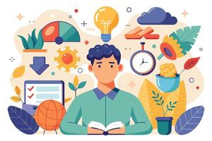 A cartoon illustration of a man reading a book with various colorful icons and illustrations surrounding him, depicting the concepts of learning, development, and growth. vector