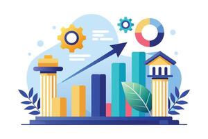 Illustration of financial growth with upward trend arrow and bar chart, also featuring pillars and pie chart. vector