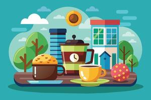 An illustration featuring a coffee pot, a cup of coffee, and a sweet pastry on a tabletop set against a backdrop of a city landscape. vector
