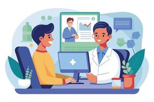 A drawing of a doctor in a white coat having a virtual consultation with a patient. The doctor sits in front of a computer, the patient on the other side. vector