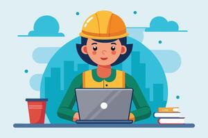 A cartoon image of a smiling female construction worker wearing a hard hat and sitting at a desk, using a laptop computer. vector