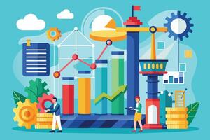 Illustration shows business growth strategy using data analysis. vector