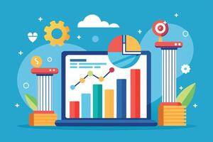 A laptop screen displays a line graph and bar graph, indicating business growth. The screen is flanked by two pillars, symbolizing success. vector