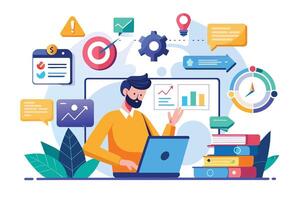 Illustration of a man on a laptop with business data and charts on screen, surrounded by icons of target, progress, and ideas. vector