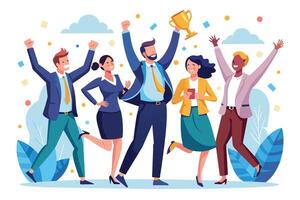 A group of diverse businesspeople are celebrating a win, with confetti falling around them. One person holds up a golden trophy, symbolizing achievement and success. vector