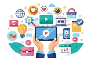 Illustration featuring a tablet held in hands, surrounded by various icons representing digital marketing strategies. vector