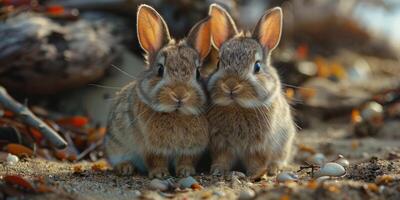 Two small rabbits are quietly seated side by side on the earth photo