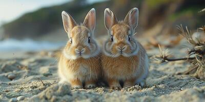 Two cute small brown rabbits are relaxing on a sandy beach photo