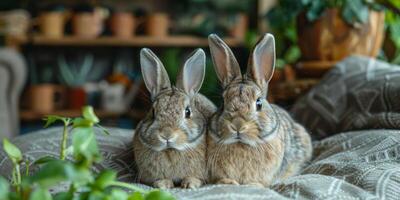 Two rabbits are peacefully relaxing on a soft bed together photo